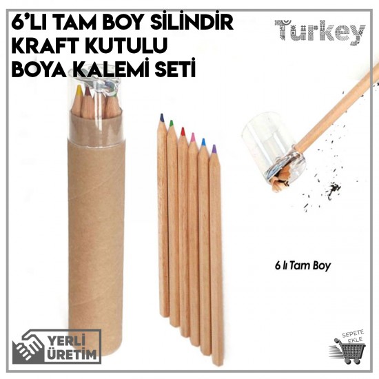 6lı Tam Boy Silindir Kraft Kutulu Boya Kalemi Seti